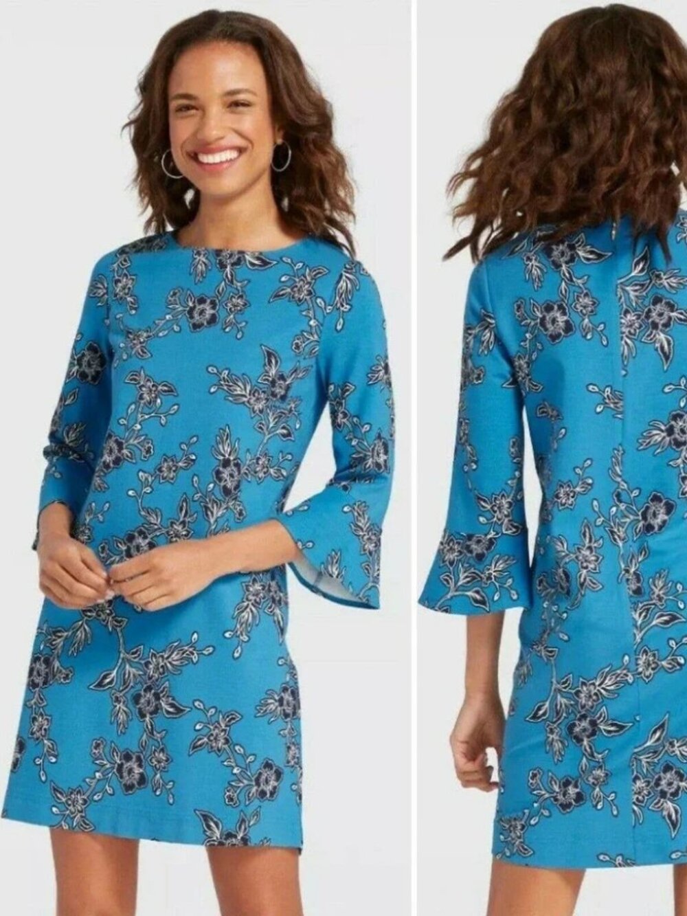 DRAPER JAMES Shift Dress Blue Floral Pattern Stretch 3/4 Bell Sleeves Zip Med